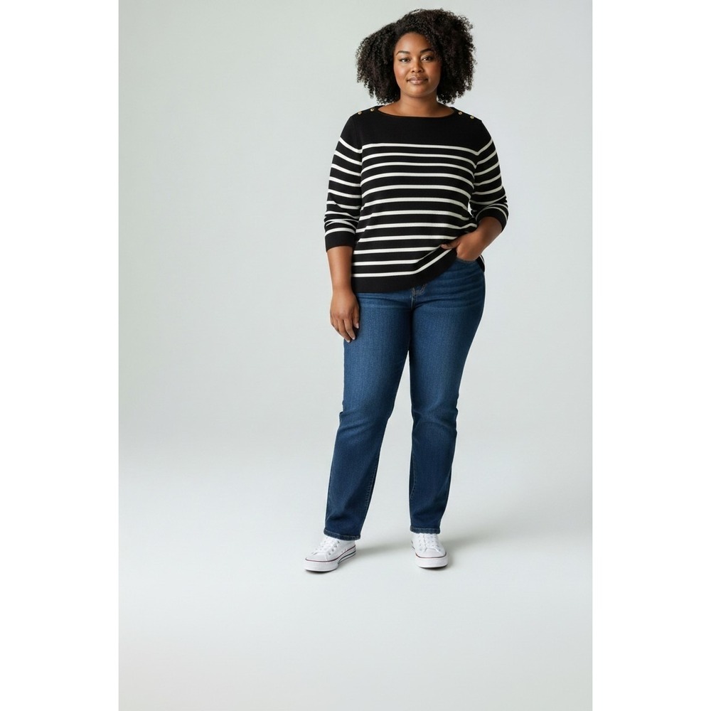 Lauren Ralph Lauren Navy, White, Gold Striped Cotton Long Sleeve Tee Size 2X